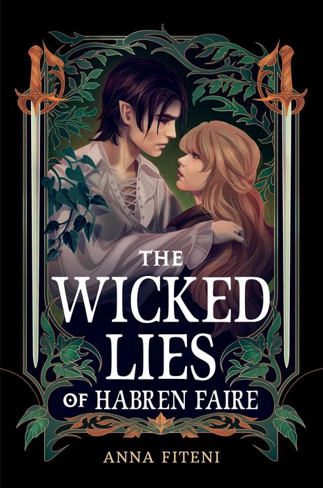"THE WICKED LIES OF HABREN FAIRE" und "ANNA FITENI". Zwei Personen in inniger Umarmung, umgeben von Blättern.