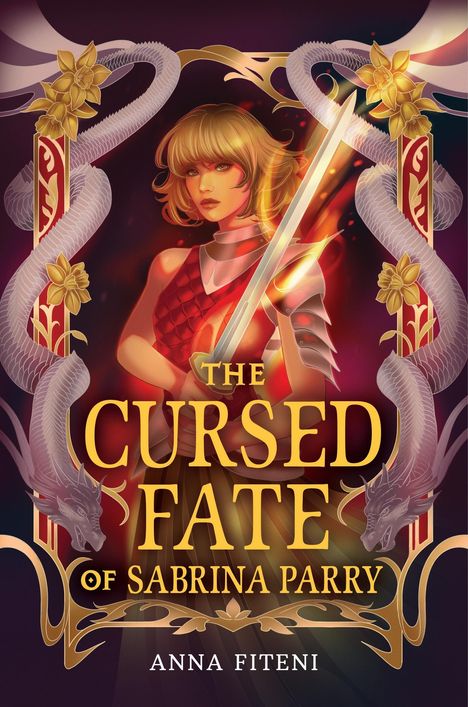 „The Cursed Fate of Sabrina Parry. Anna Fiteni.“ Eine Frau mit Schwert, umrahmt von goldenen Blumen und Schlangen.