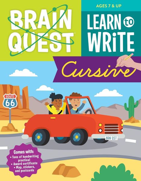 „BRAIN QUEST, LEARN to WRITE Cursive. Route 66. Comes with: Tons of handwriting practice!“ Zwei Kinder im Auto in der Wüste.
