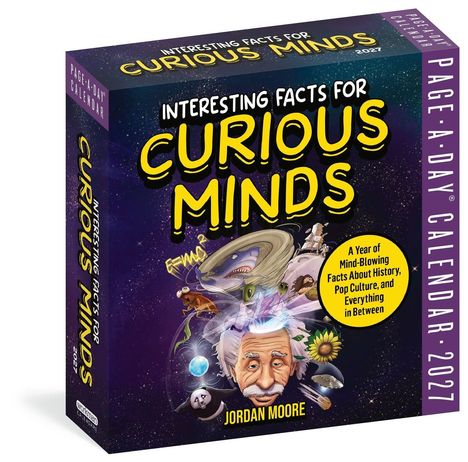 Titel: "Interesting Facts for Curious Minds". Autor: Jordan Moore. Illustration mit Einstein, Weltraum und Tieren.