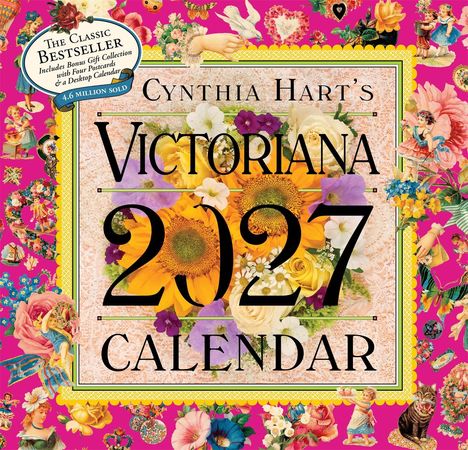 "Cynthia Hart's Victoriana 2027 Calendar." Verspielte, florale Illustration mit nostalgischen Motiven auf pinkem Hintergrund.