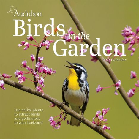 „Audubon Birds in the Garden 2027 Calendar. Use native plants to attract birds and pollinators to your backyard.“ Ein Vogel auf blühendem Ast.