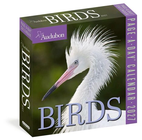Text: "BIRDS", "2027", "PAGE-A-DAY CALENDAR", "Audubon". Ein Kalenderdeckel mit Vogelbild, ein weißer Vogel mit elegantem Gefieder.
