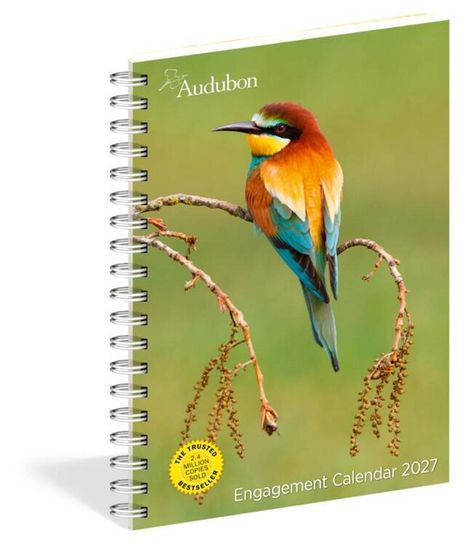 "Audubon" und "Engagement Calendar 2027", bunter Vogel auf Ast, Spiralkalender, gelbes Siegel: Bestseller-Hinweis.