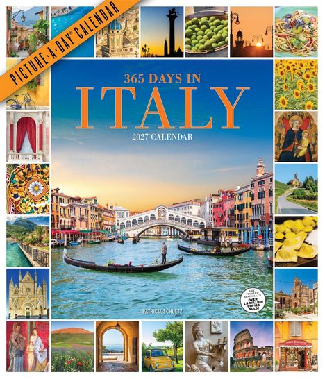 "365 Days in Italy: 2027 Calendar" steht zentral. Fotos von italienischen Landschaften, Architektur und Gerichten umrahmen das Hauptmotiv.