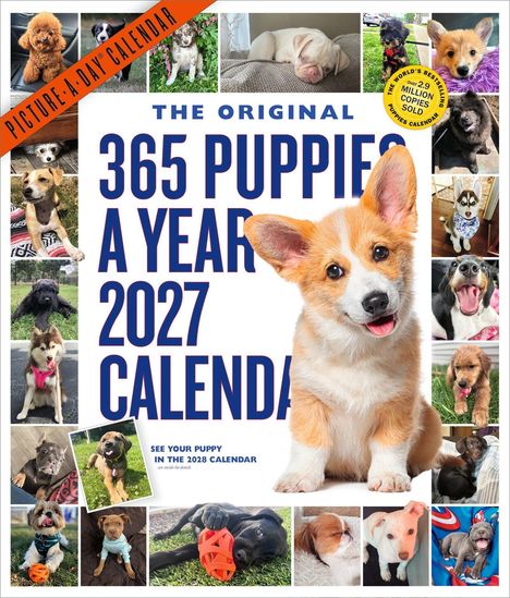 „The Original 365 Puppies a Year 2027 Calendar.“ Verschiedene Bilder von Welpen in einem Kalenderformat.