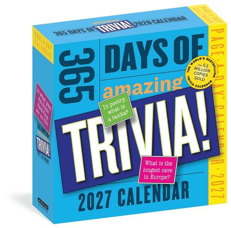 "365 DAYS OF amazing TRIVIA! 2027 CALENDAR. In poetry, what is a tanka? What is the longest cave in Europe?"