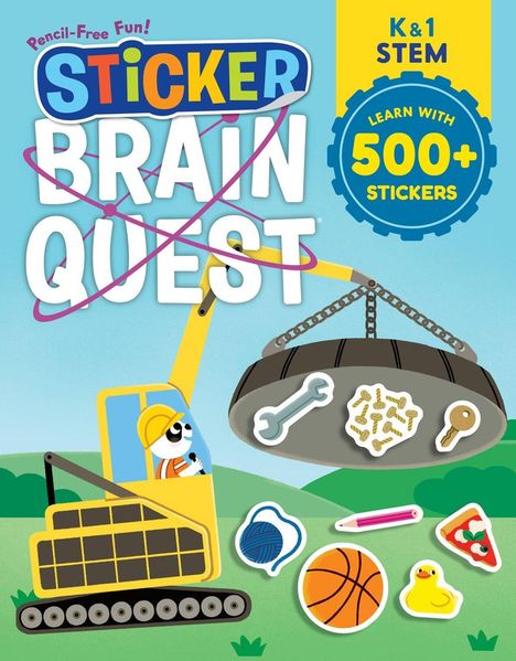 "Sticker Brain Quest", "K&1 STEM", "Learn with 500+ Stickers". Illustration eines Baggers mit Stickern.