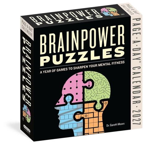 "Brainpower Puzzles: A Year of Games to Sharpen Your Mental Fitness. Illustration eines Kopf-Puzzles in bunten Farben."
