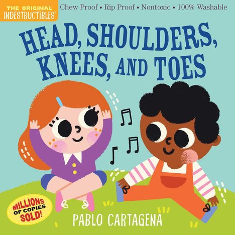 "Head, Shoulders, Knees, and Toes" steht groß auf einem pastellblauen Hintergrund. Zwei Kinderillustrationen tanzen fröhlich.