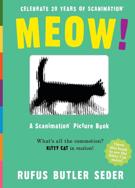 MEOW! Celebrate 20 years of Scanimation. Silhouette einer Katze in Bewegung. Text über bewegte Kätzchen.