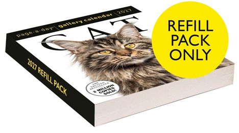 „REFILL PACK ONLY“ auf gelbem Kreis, Katzenkalender 2027, Tabby-Katze, Bestseller-Auszeichnung.