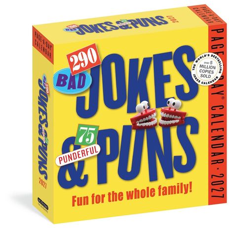"290 Bad Jokes & Puns", "75 Punderful", "Fun for the whole family!", gelbes Design, Illustration von klappernden Zähnen.