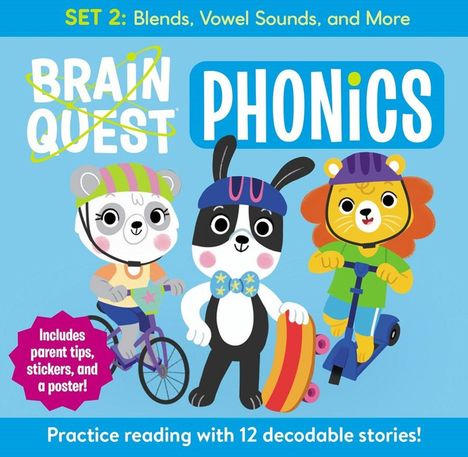 "SET 2: Blends, Vowel Sounds, and More. BRAIN QUEST PHONICS. Tiere in Helmen fahren Fahrrad, Skateboard, Roller."