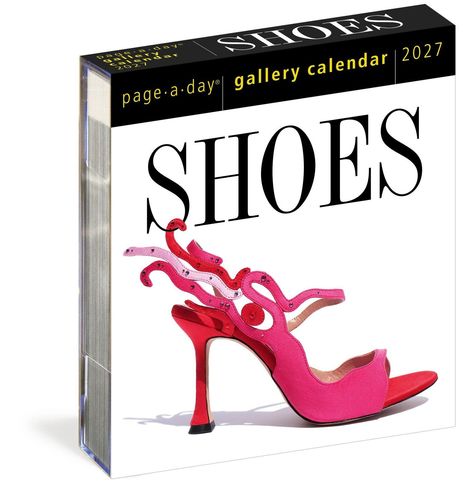 "SHOES", "page·a·day gallery calendar 2027", pinker High Heel Schuh mit auffälligen, geschwungenen Details.
