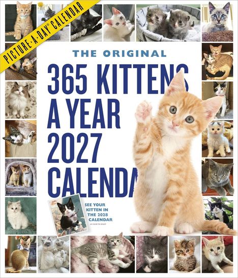 "THE ORIGINAL 365 KITTENS A YEAR 2027 CALENDAR. SEE YOUR KITTEN IN THE 2028 CALENDAR." Viele Bilder von süßen Kätzchen.