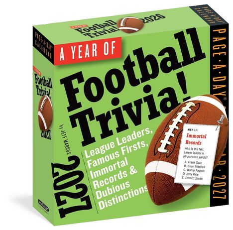 "A Year of Football Trivia! League Leaders, Famous Firsts, Immortal Records & Dubious Distinctions." Ein grüner Kalender mit Football.