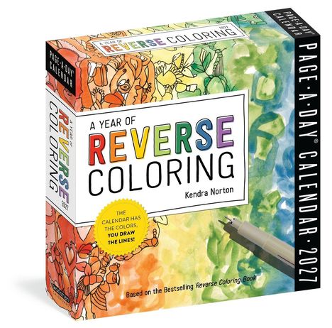 "A Year of Reverse Coloring", "Page-A-Day Calendar 2027", bunte Aquarell-Illustration, Stift am Rand platziert.