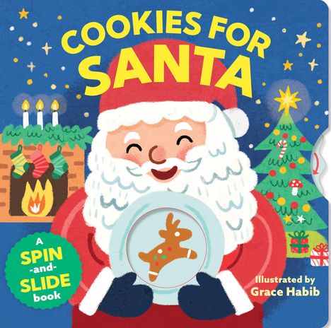 Der Text sagt: "Cookies for Santa". Illustration von Santa mit Keksteller, Weihnachtsbaum und Kamin im Hintergrund.