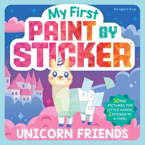 "My First Paint by Sticker", "Unicorn Friends". Illustration eines Einhorn-Lamas vor einer bunten Schlosslandschaft.
