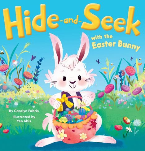 "Hide-and-Seek with the Easter Bunny." Ein fröhlicher Hase hält einen bunten Osterkorb, umgeben von Blumen und lebhaften Farben.
