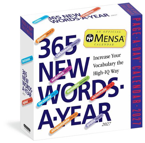 "365 New Words-A-Year"; "Increase Your Vocabulary the High-IQ Way"; gelbes Mensa-Logo; bunte Wortstreifen.