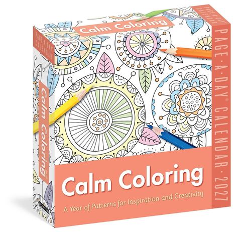 "Calm Coloring", "PAGE-A-DAY CALENDAR 2017". Mandala-Muster mit Buntstiften in Gelb, Grün, Blau und Orange.