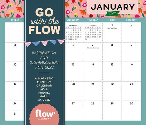 Kalender für Januar 2027, Titel: "GO WITH THE FLOW". Blumenmuster, mit Feiertagen wie Neujahr und Orthodox Christmas.