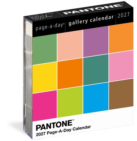 “Pantone”, “2027 Page-A-Day Calendar”. Bunte Quadrate in verschiedenen Farben auf Kalenderdeckel.