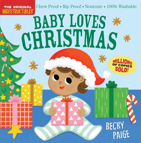 Text oben: "Baby Loves Christmas". Illustration: Baby mit Weihnachtsmütze, bunte Geschenke, Weihnachtsbaum.