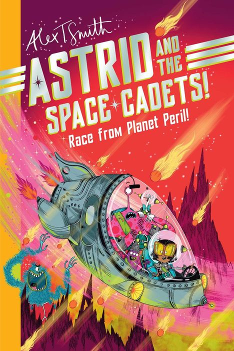 "ASTRID AND THE SPACE CADETS! Race from Planet Peril!" Ein Raumschiff, bunte Monster, Kometen und rote Berglandschaft.