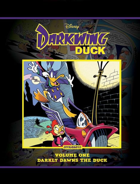"Darkwing Duck", "Volume One", "Darkly Dawns the Duck". Comic-Stil, Held, weiblicher Begleiter, Retro-Auto, Nachtstimmung.