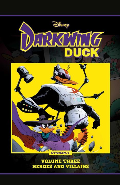 "Darkwing Duck", "Dynamite", "Volume Three Heroes and Villains". Illustration: Darkwing Duck und Roboterente kämpfen.