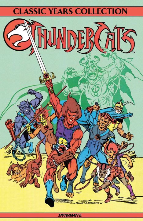 "Classic Years Collection Thundercats. Dynamite." Illustration von Charakteren in actionreichen Posen mit einem Schwert.
