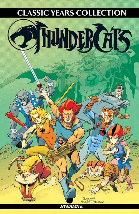 "THUNDERCATS CLASSIC YEARS COLLECTION" oben. Illustration von Helden mit verschiedenen Waffen, kämpfen vor grünem Hintergrund.