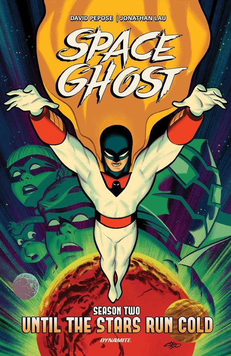 "Space Ghost" in großer Schrift, darunter "Season Two: Until the Stars Run Cold". Ein Superheld fliegt, Hintergrund grünlich.