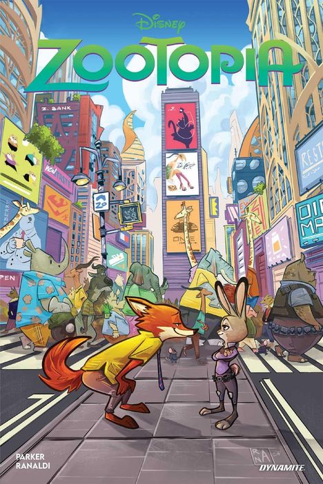 Titel „Disney Zootopia“. Illustration einer belebten Stadt mit tierischen Einwohnern und bunten Werbebannern.