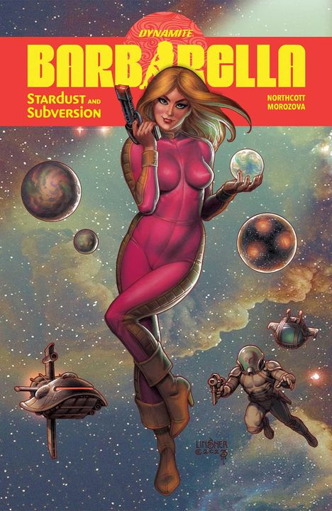 "BARBARELLA Stardust and Subversion" in gelber Schrift, Illustration einer Frau im pinken Anzug im Weltraum.