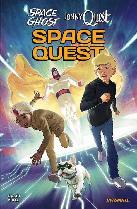 "SPACE GHOST, Jonny Quest: SPACE QUEST" zeigt drei rennende Figuren, einen Hund und einen Helden im Umhang in dynamischer Pose.
