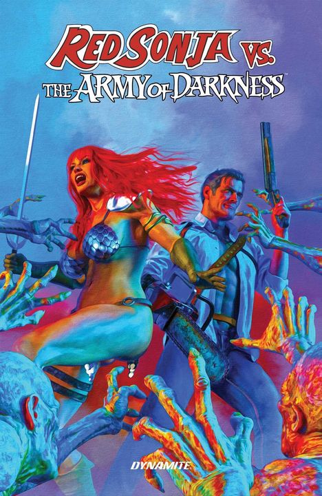 "Red Sonja vs. The Army of Darkness." Comic-Illustration: Frau mit Schwert und Mann mit Kettensäge kämpfen gegen Hände.