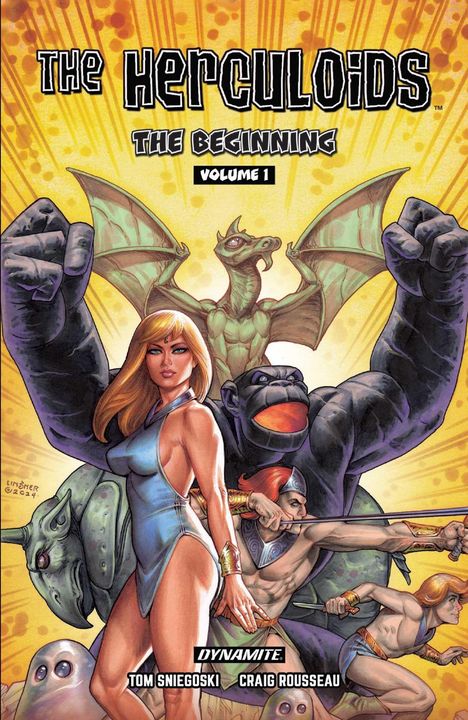 „The Herculoids: The Beginning, Volume 1“ Cover mit blonder Frau, Affe, Drachen und Kriegern in dynamischer Pose.
