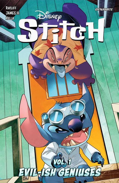 "Stitch Vol. 1 Evil-ish Geniuses." Cartoonfiguren: ein blaues Wesen mit Brille und ein violettes Wesen über ihm.