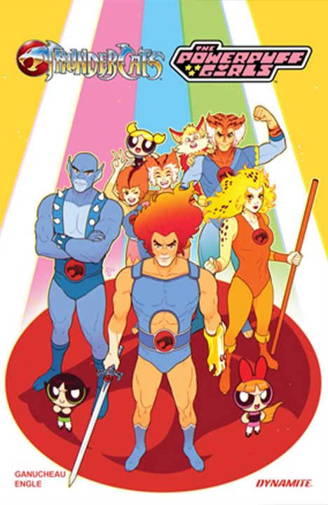 „ThunderCats“ und „The Powerpuff Girls“ oben, darunter Figuren mit bunten Shirts und Kostümen auf einem farbenfrohen Hintergrund.