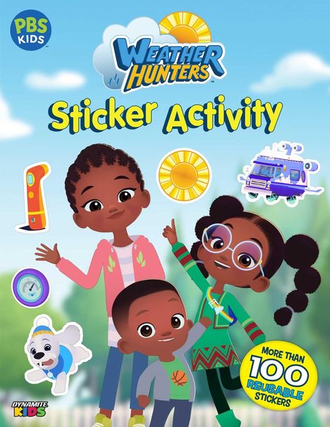 „Weather Hunters Sticker Activity“, „More than 100 reusable stickers“, Cartoon-Kinder, Sonne, Fahrzeug, Hund.