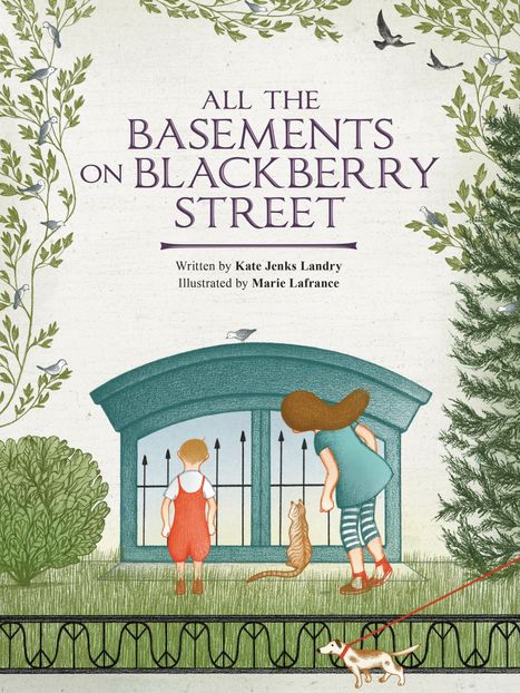 Oben steht: "ALL THE BASEMENTS ON BLACKBERRY STREET". Zwei Kinder und eine Katze schauen durch ein Kellerfenster.