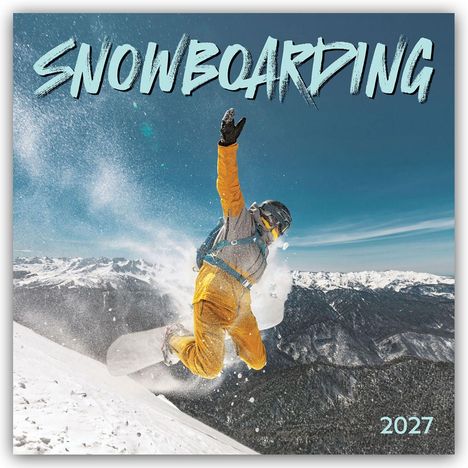 Text: "SNOWBOARDING", "2027". Eine Person in gelber Winterkleidung springt mit einem Snowboard auf einem schneebedeckten Berg.