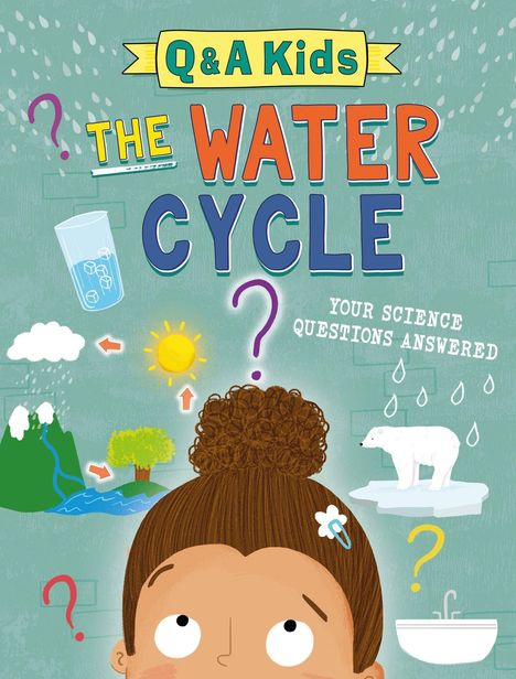 Q&A Kids: THE WATER CYCLE. Your science questions answered. Kind mit hochgestecktem Haar, Symbole des Wasserkreislaufs.