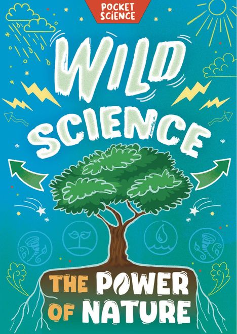 "Wild Science: The Power of Nature" in verspielter Schrift, Baum in der Mitte, Symbole für Wetter und Energie.