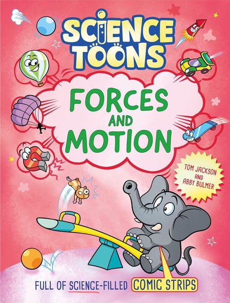 "Science Toons: Forces and Motion" in grüner Schrift. Ein Elefant auf einer Wippe mit animierten Objekten.