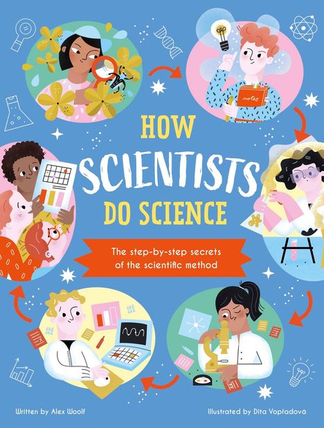 "HOW SCIENTISTS DO SCIENCE" steht groß in der Mitte mit Illustrationen von Wissenschaftlern bei der Arbeit.